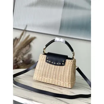 LV M48865 Louis Vuitton Capucines BB Handbag Straw Leather Beige Black
