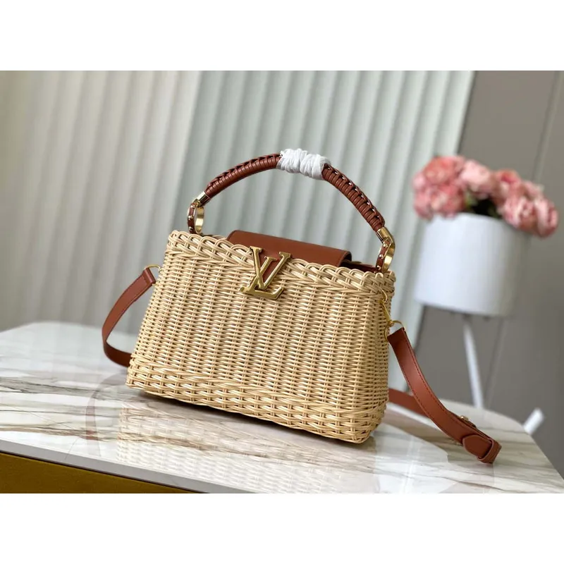 LV M22173 Louis Vuitton Capucines BB Handbag Straw Leather Beige Tan