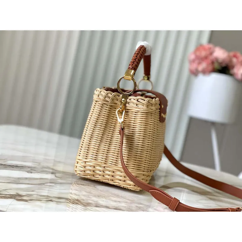 LV M22173 Louis Vuitton Capucines BB Handbag Straw Leather Beige Tan