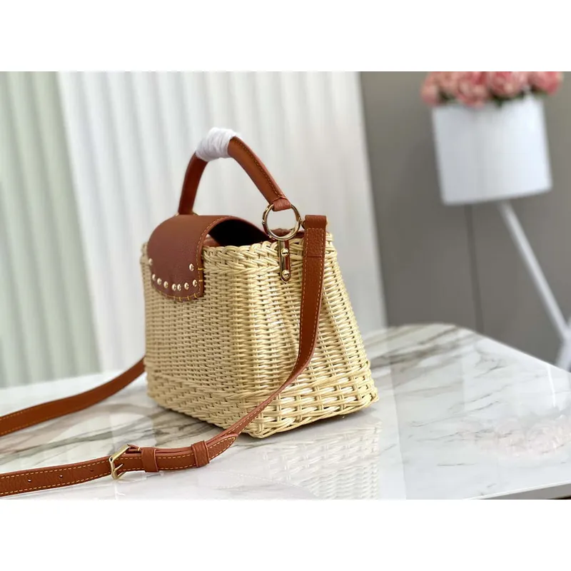 LV M11617 Louis Vuitton Capucines BB Handbag Straw Leather Beige Tan