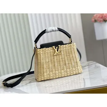 LV M55011 Louis Vuitton Capucines BB Handbag Straw Leather Beige Black