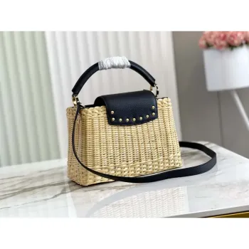 LV M55011 Louis Vuitton Capucines BB Handbag Straw Leather Beige Black