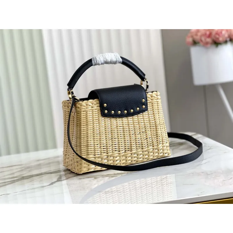 LV M55011 Louis Vuitton Capucines BB Handbag Straw Leather Beige Black