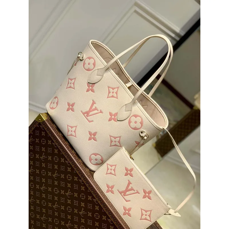 LV M21579 Louis Vuitton Neverfull MM Tote Bag M46649 Monogram Empreinte Leather Cream Pink
