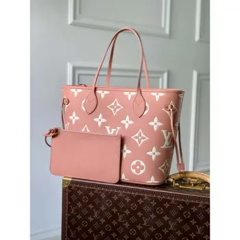 LV M45686 Louis Vuitton Neverfull MM Tote Bag Monogram Empreinte Leather Pink Cream