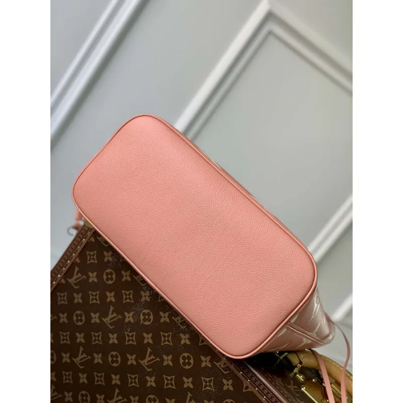 LV M45686 Louis Vuitton Neverfull MM Tote Bag Monogram Empreinte Leather Pink Cream