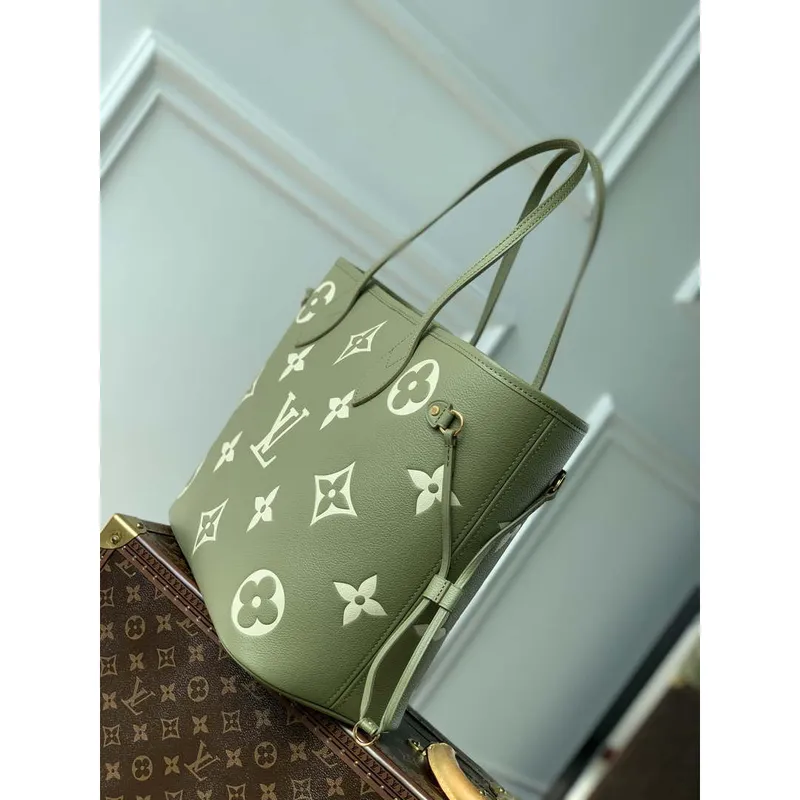 LV M46649 Louis Vuitton Neverfull MM Tote Bag Monogram Empreinte Leather Kaki Cream