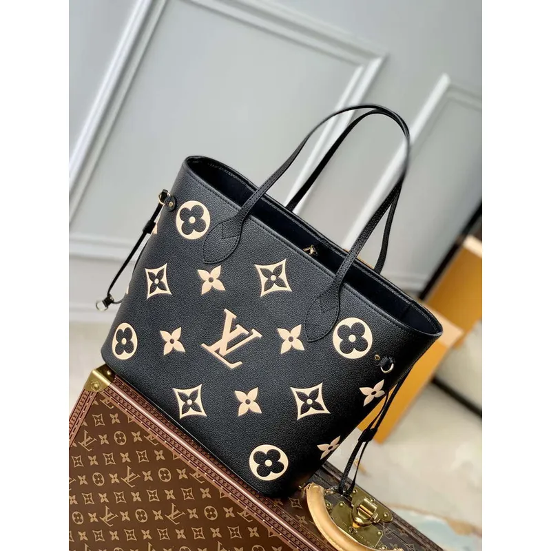 LV M58907 Louis Vuitton Neverfull MM Bag M45685 Monogram Empreinte Leather Black with Beige Logo