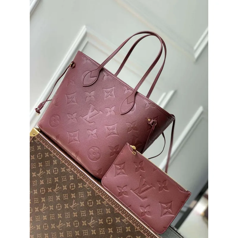 LV M46599 Louis Vuitton Neverfull MM Bag M45685 Monogram Empreinte Leather Wine Red