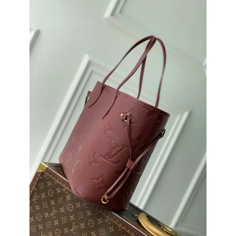 LV M46599 Louis Vuitton Neverfull MM Bag M45685 Monogram Empreinte Leather Wine Red