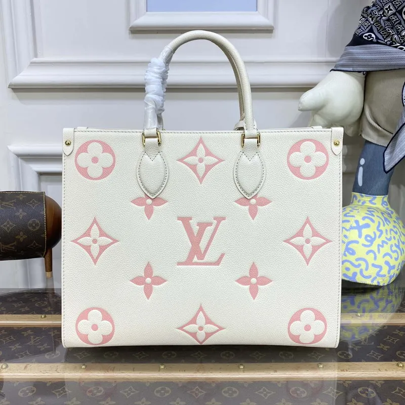 LV M21575 Louis Vuitton OnTheGo MM Bicolor Monogram Empreinte Leather Latte Pink