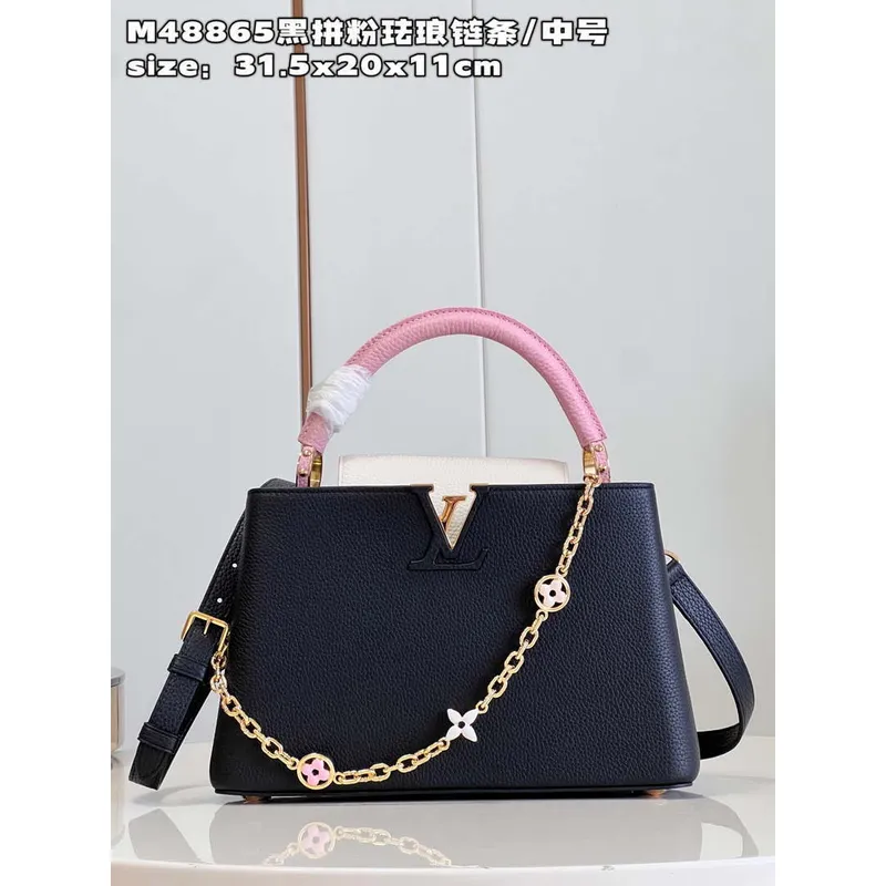 LV M22512 Louis Vuitton Capucines MM Black and Rose Pink