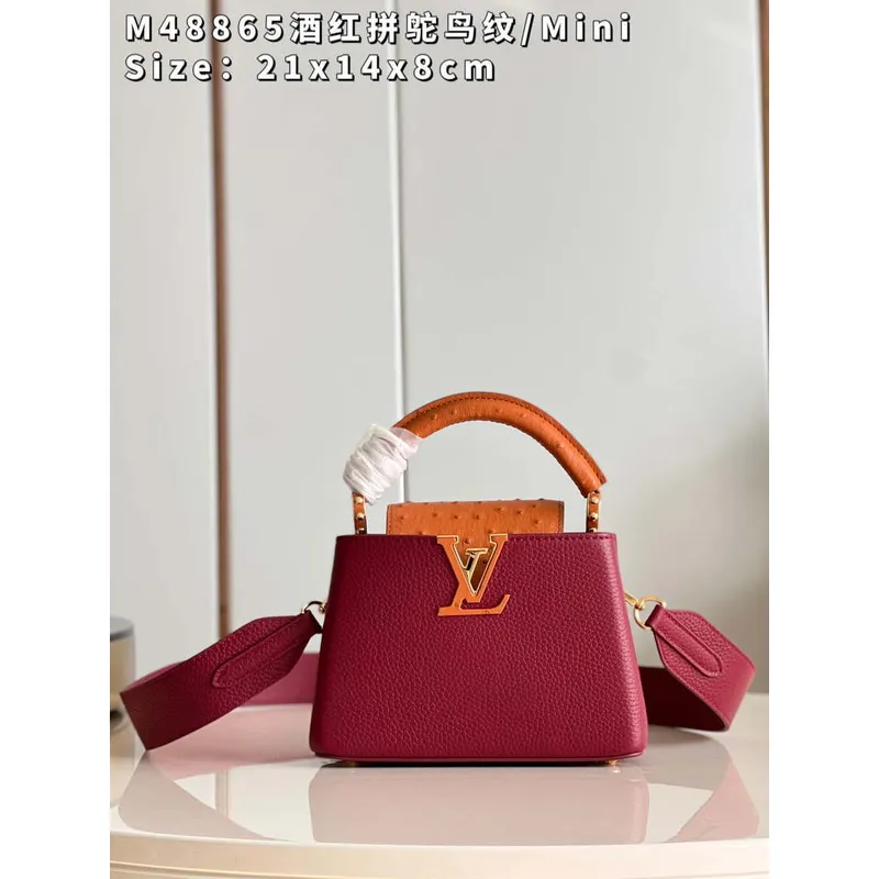 LV M48865 Louis Vuitton Capucines Mini Bag Stitched ostrich leather Wine Red