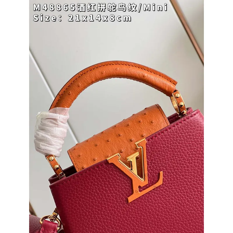 LV M48865 Louis Vuitton Capucines Mini Bag Stitched ostrich leather Wine Red