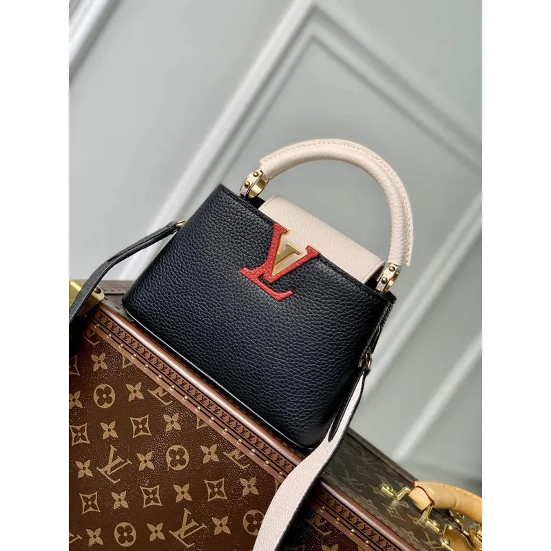 LV M21043 Louis Vuitton Capucines Mini Handbag Black / Greige Doux / Scarlet