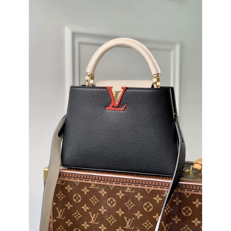 LV M21043 Louis Vuitton Capucines BB Handbag Black / Greige Doux / Scarlet