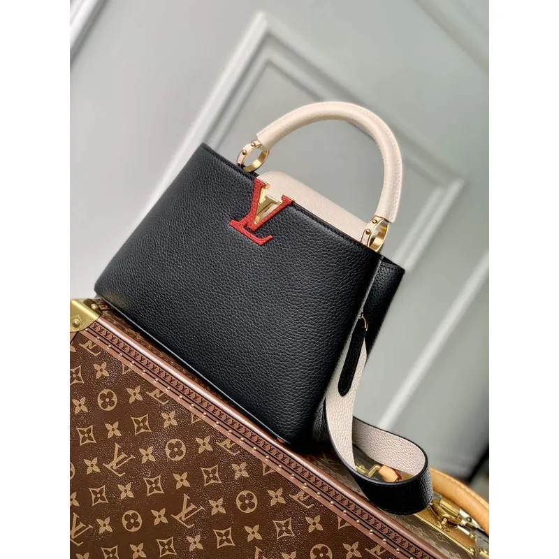LV M21043 Louis Vuitton Capucines BB Handbag Black / Greige Doux / Scarlet