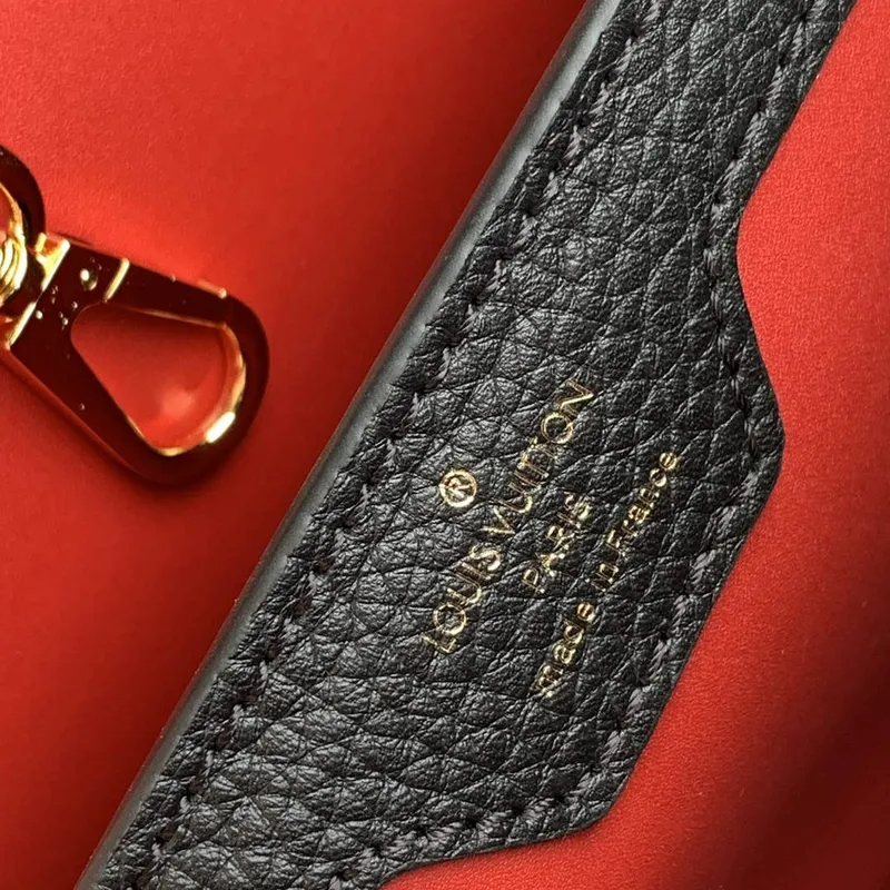 LV M21043 Louis Vuitton Capucines BB Handbag Black / Greige Doux / Scarlet