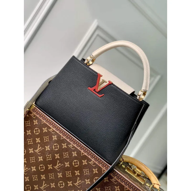 LV M21043 Louis Vuitton Capucines MM Handbag Black / Greige Doux / Scarlet