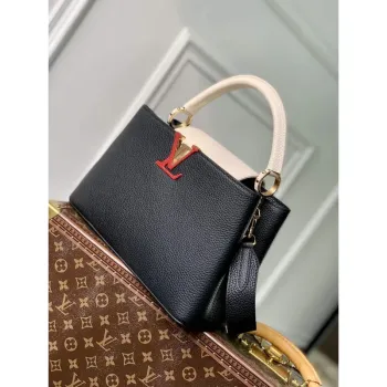 LV M21043 Louis Vuitton Capucines MM Handbag Black / Greige Doux / Scarlet