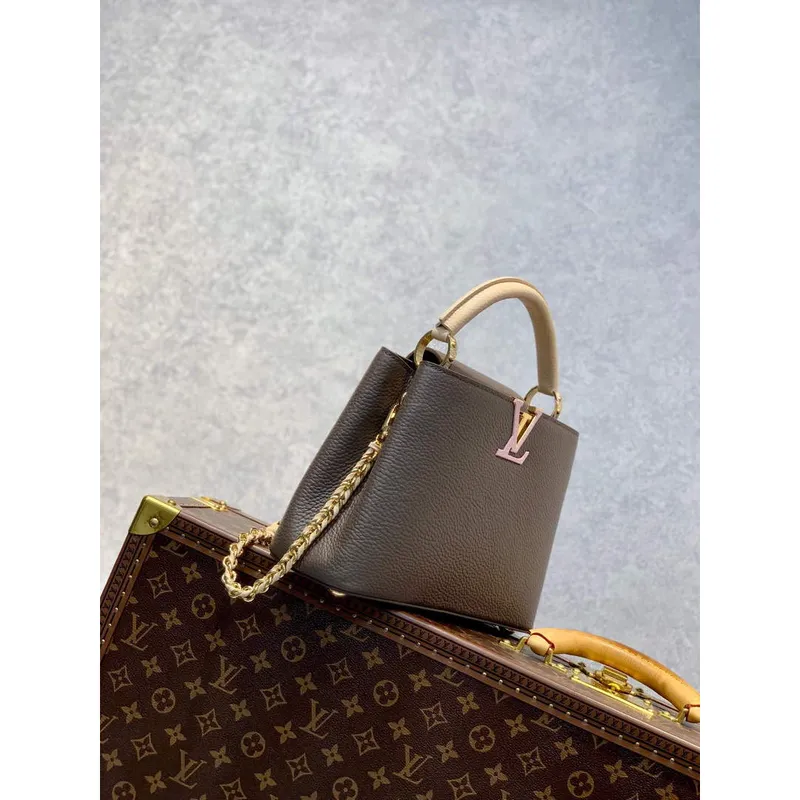 LV M59512 Louis Vuitton Capucines BB Bag Smokey Brown Green/Crème/Pink