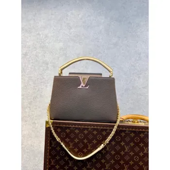 LV M59516 Louis Vuitton Capucines MM Handbag Smokey Brown Green/Crème/Pink