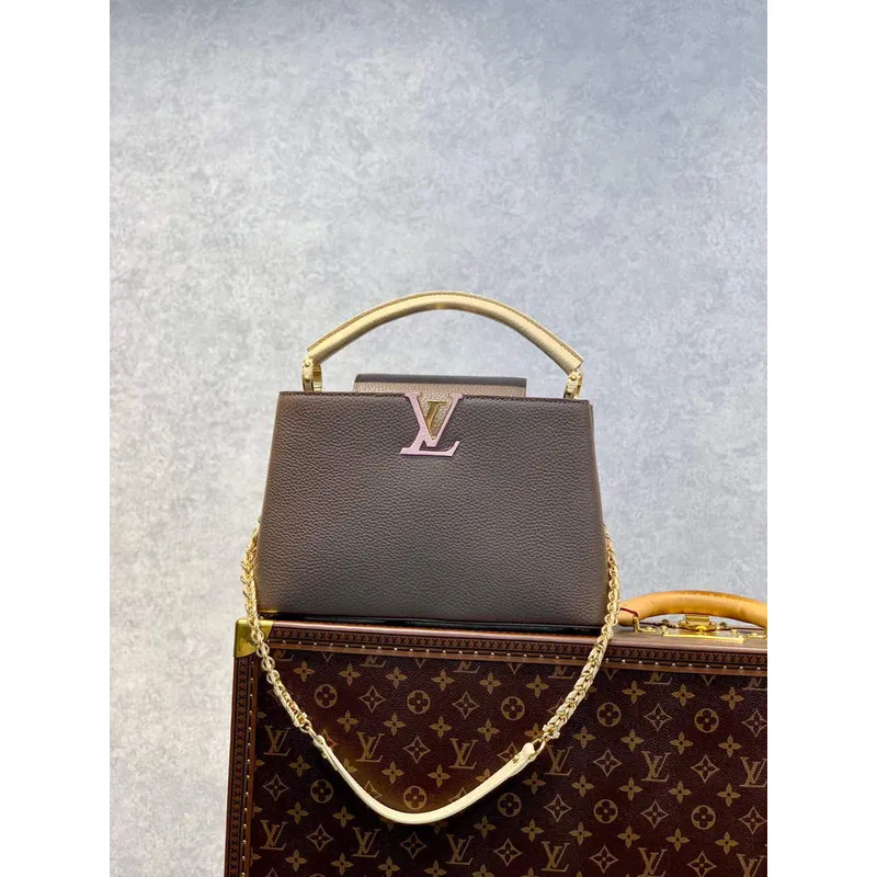 LV M59516 Louis Vuitton Capucines MM Handbag Smokey Brown Green/Crème/Pink