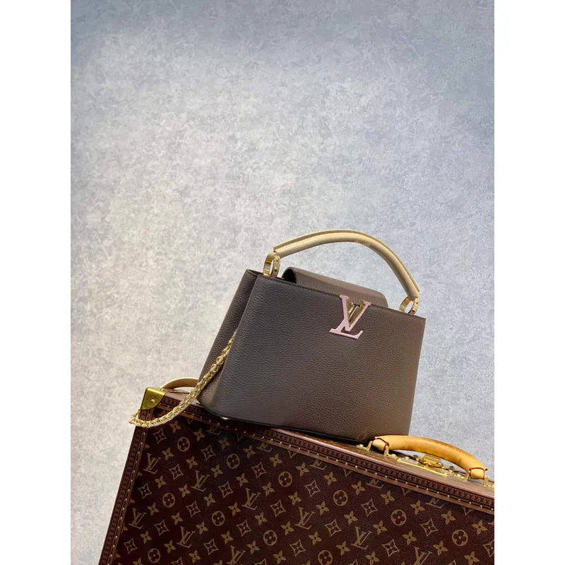 LV M59516 Louis Vuitton Capucines MM Handbag Smokey Brown Green/Crème/Pink