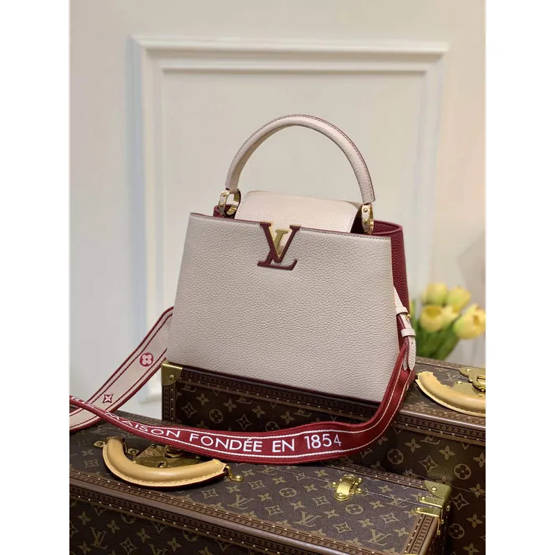 LV M58610 Louis Vuitton Capucines MM Handbag Beige and Wine red