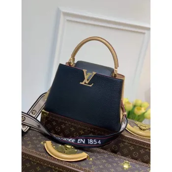 LV M58608 Louis Vuitton Capucines MM Handbag Black Apricot