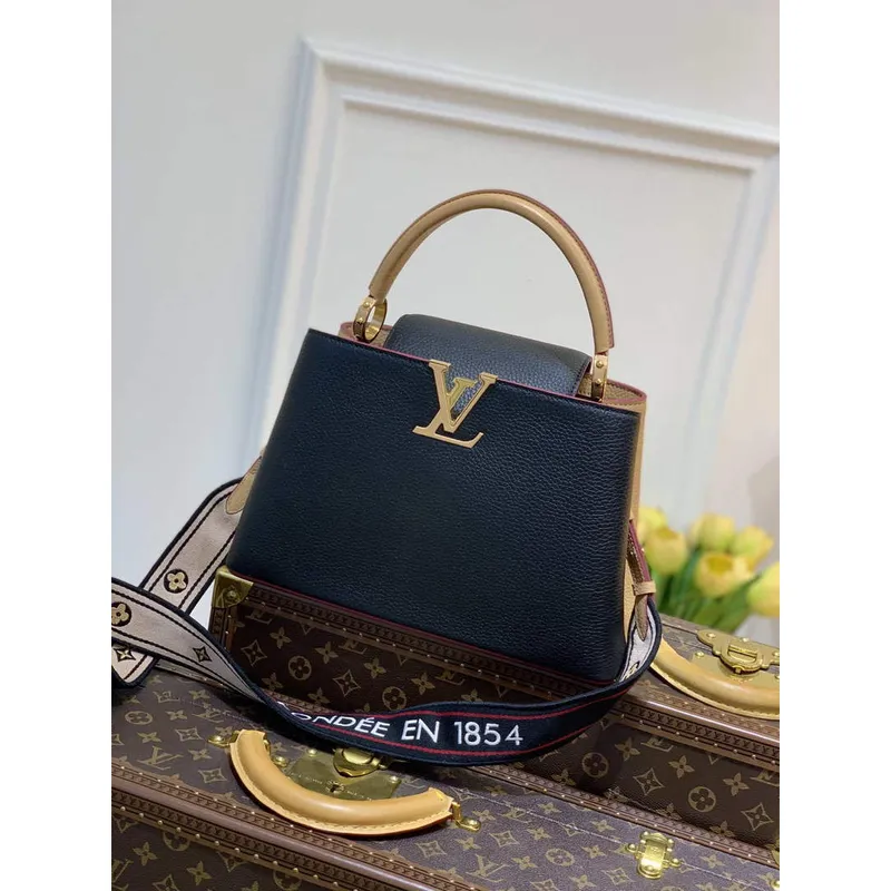 LV M58608 Louis Vuitton Capucines MM Handbag Black Apricot