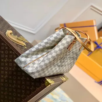 LV N41375 Louis Vuitton Two Tone Plaid Azur Printed Cabas MM Tote Bag