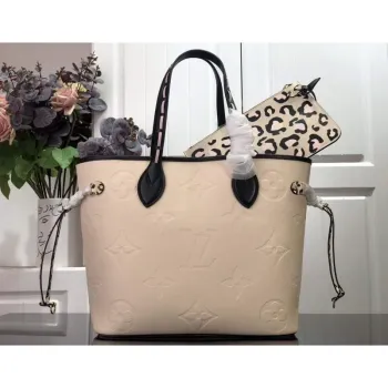 LV M58525 Louis Vuitton Neverfull MM Monogram Empreinte Leather Bag M45856 Creme