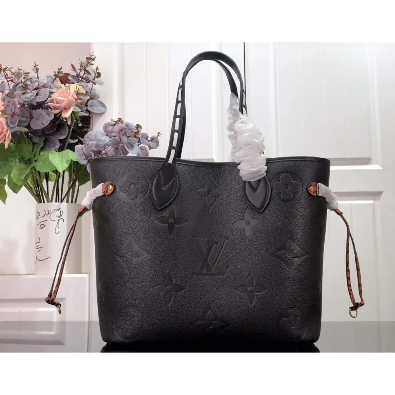 LV M45856 Louis Vuitton Neverfull MM Monogram Empreinte Leather M58525 Bag Black