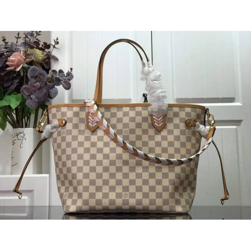 LV N50047 Louis Vuitton Neverfull MM Damier Azur Canvas Bag Pink