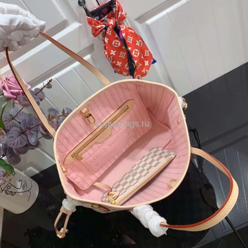 LV N41362 Louis Vuitton Neverfull PM Damier Azur M41245 Bag Pink