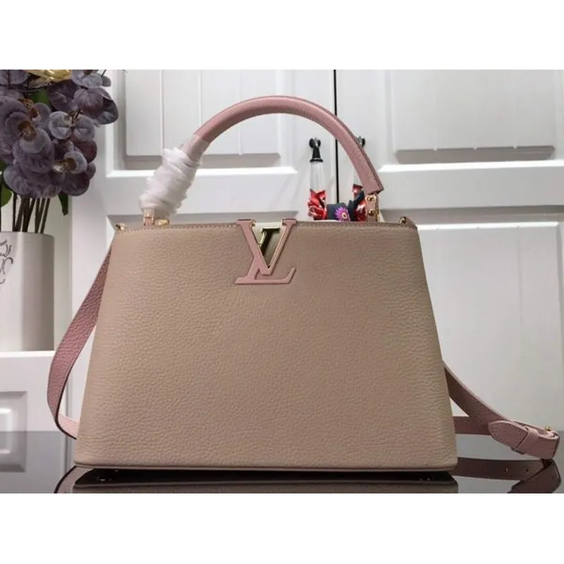 LV M57523 Louis Vuitton Capucines MM Handbag Gray Pink