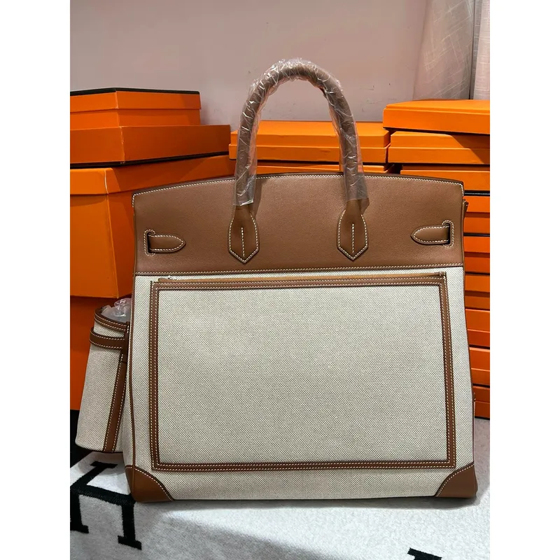 Hermes HAC Cargo Birkin 40 Handmade Bag in Toile with Gold Leather