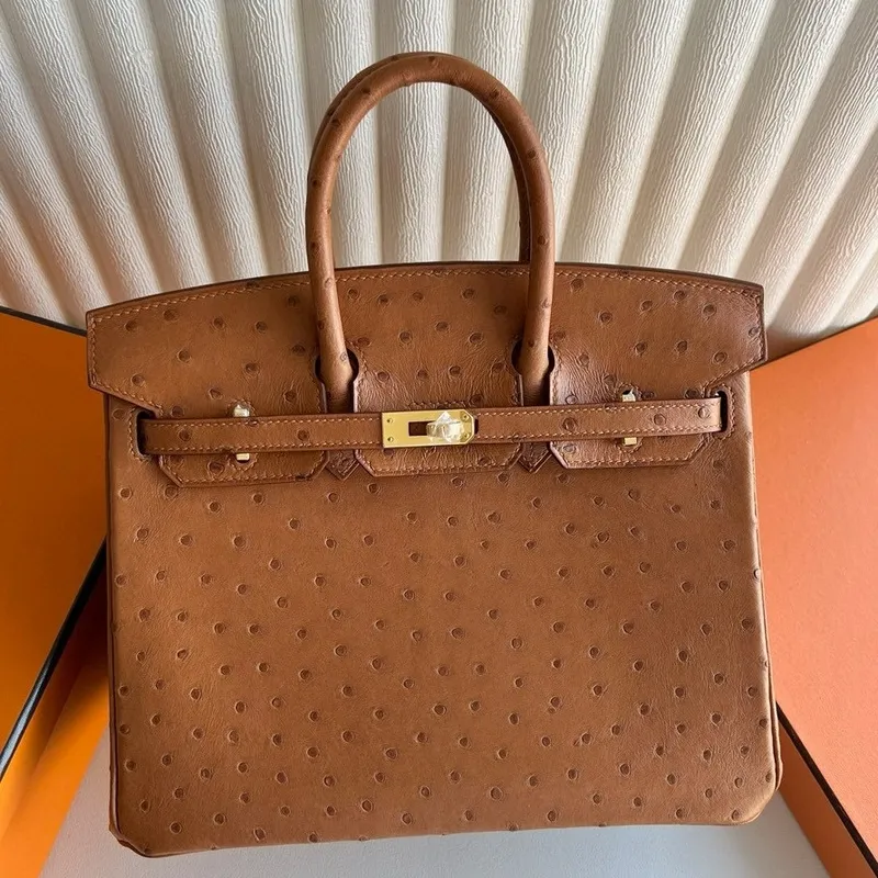 Hermes Birkin 25 Retourne Handmade Bag in Gold Ostrich Leather