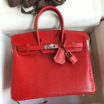 Hermes Birkin 25 Retourne Handmade Bag In Red Lizard Leather