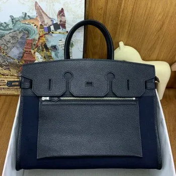 Hermes Birkin 脿 l鈥檈nvers 35 Bag in Black Clemence Leather and Canvas