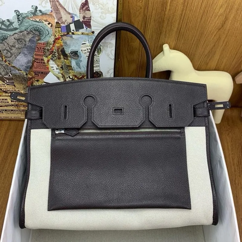 Hermes Birkin 脿 l鈥檈nvers 35 Bag in Ebene Clemence Leather and Canvas