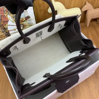 Hermes Birkin 脿 l鈥檈nvers 35 Bag in Ebene Clemence Leather and Canvas