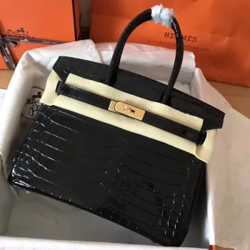 Hermes Black Birkin 30cm Crocodile Porosus Shiny Bag