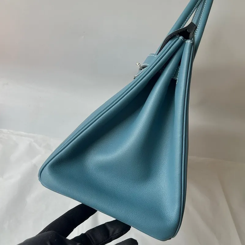 Hermes Birkin 35 Retourne Handmade Bag in Blue Jean Swift Leather