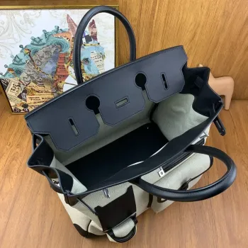 Hermes HAC Cargo Birkin 40 Handmade Bag in Toile with Black Leather