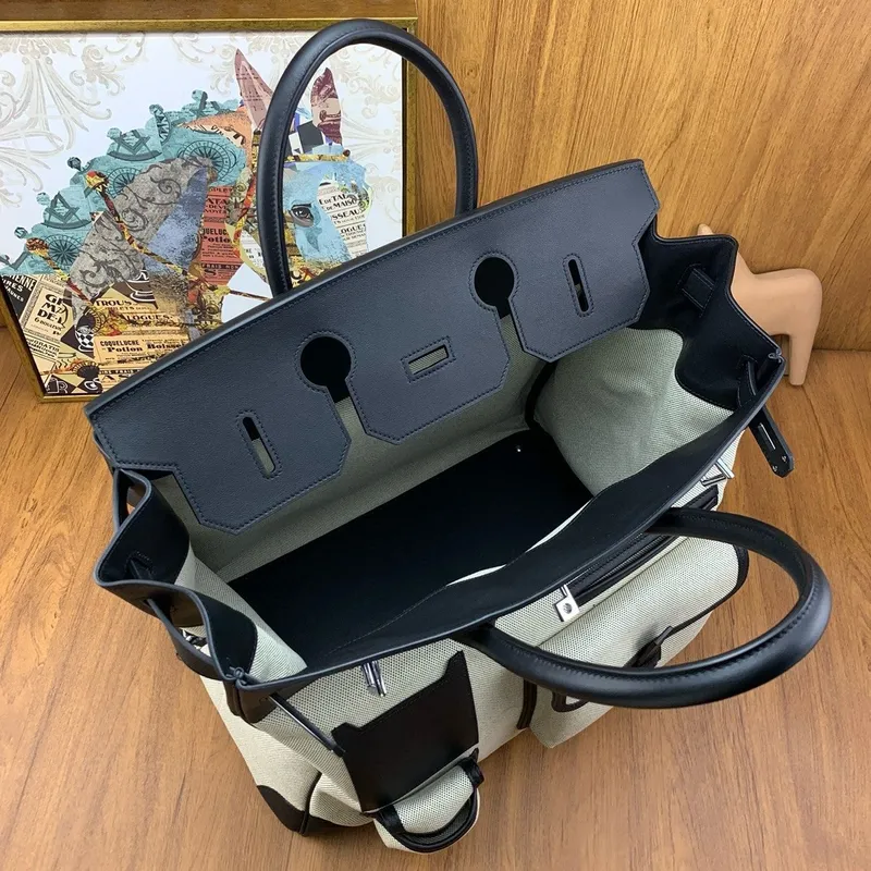 Hermes HAC Cargo Birkin 40 Handmade Bag in Toile with Black Leather