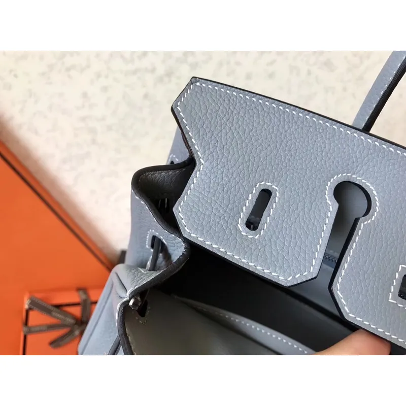 Hermes Blue Lin Birkin 25cm Clemence Handmade Bag