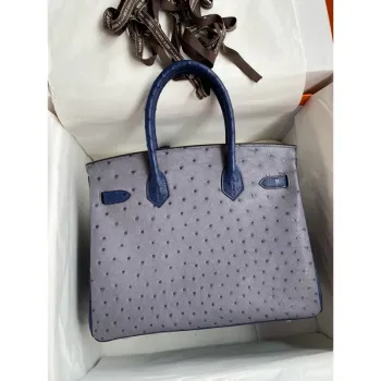 Hermes HSS Birkin 30 Bicolor Bag in Gris Agate and Blue Iris Ostrich Leather