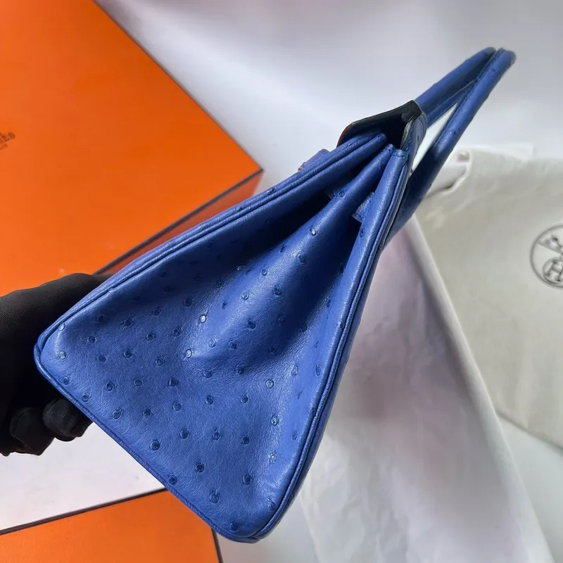 Hermes Birkin 25 Retourne Handmade Bag In Blue Zellige Ostrich Leather